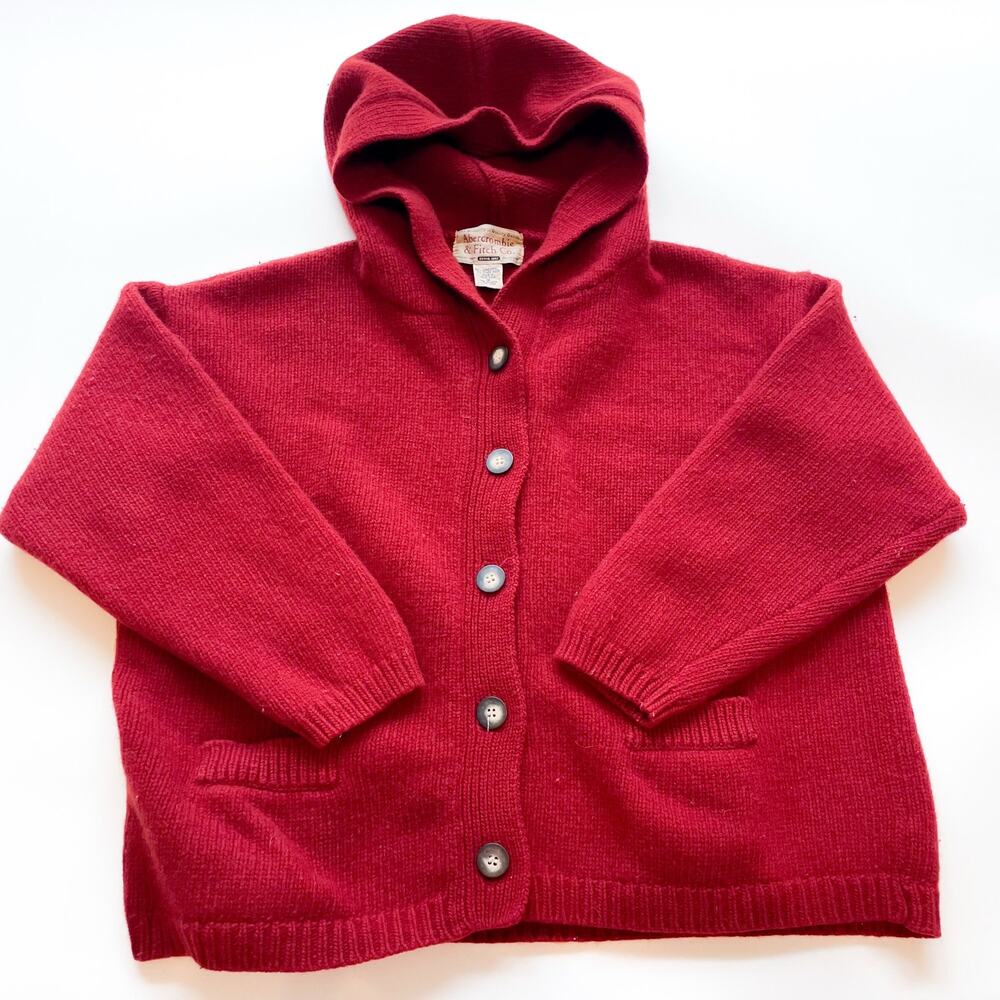 Vintage Abercrombie & Fitch Red Lambswool Hooded Button Front Cardigan Size M/L